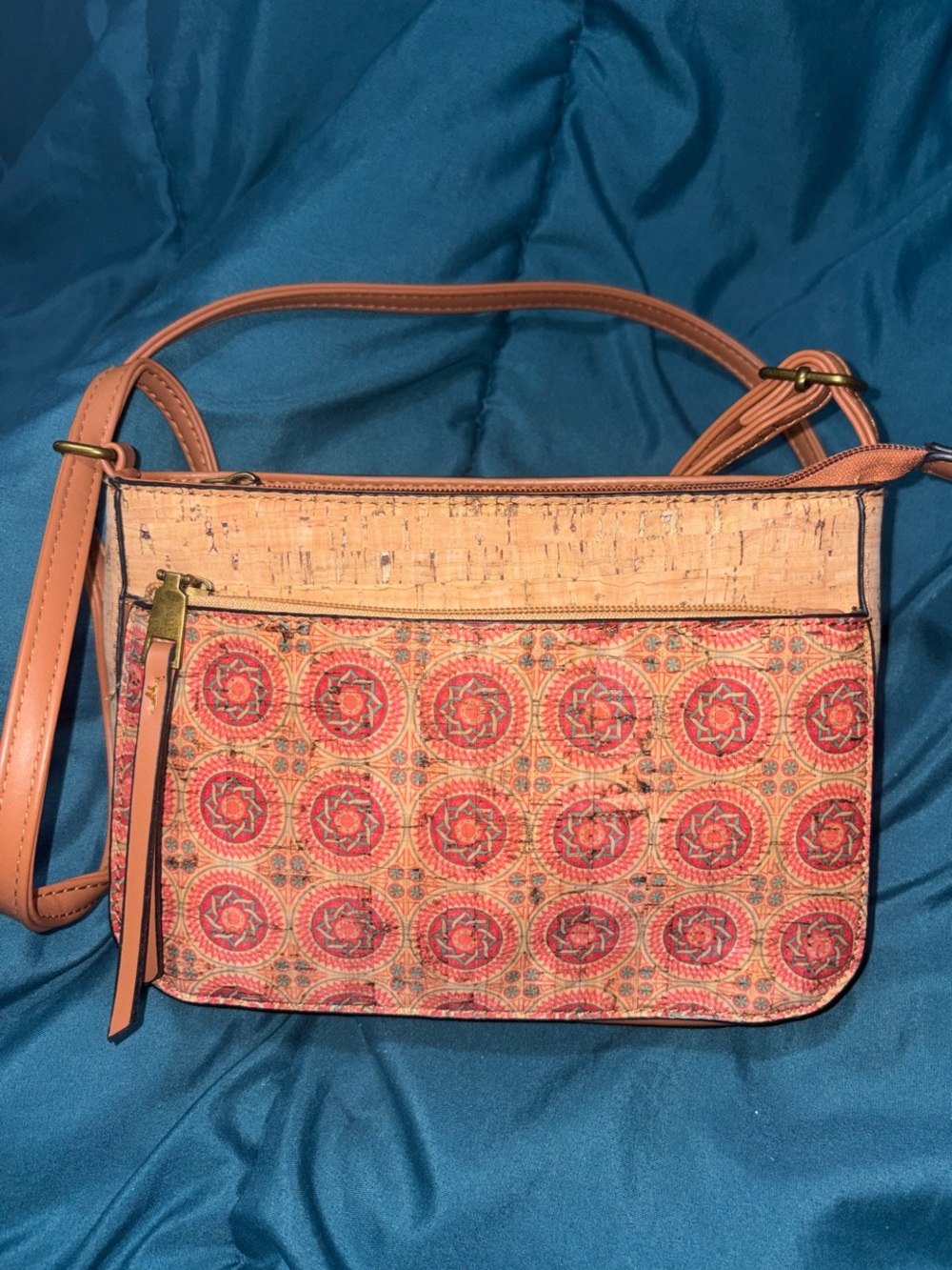 Geometric Patterned Crossbody Bag with Coral Medallion Design